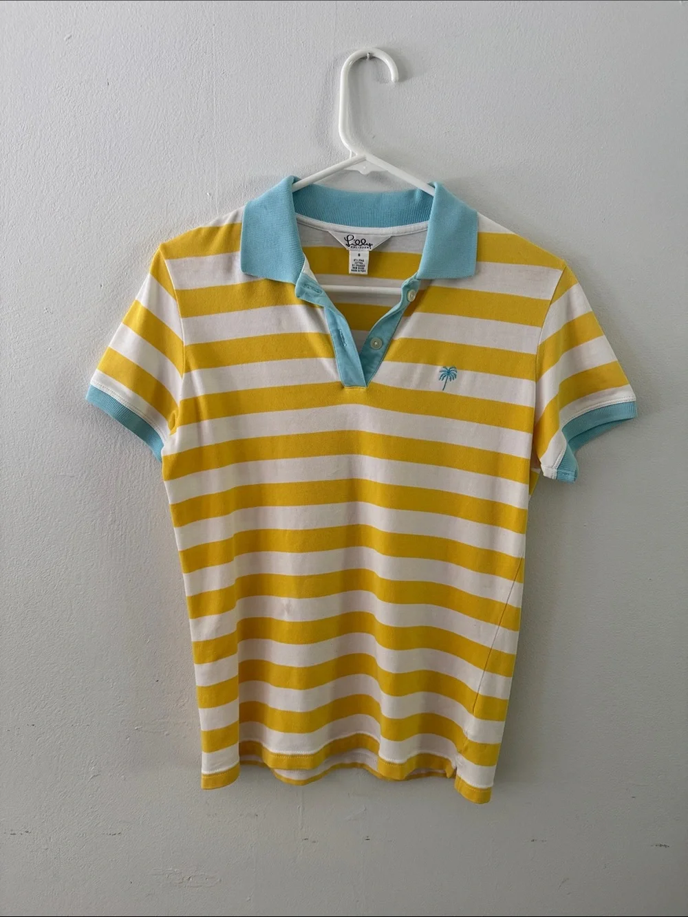 Lilly Pulitzer Yellow White & Light Blue Striped Polo Sz S